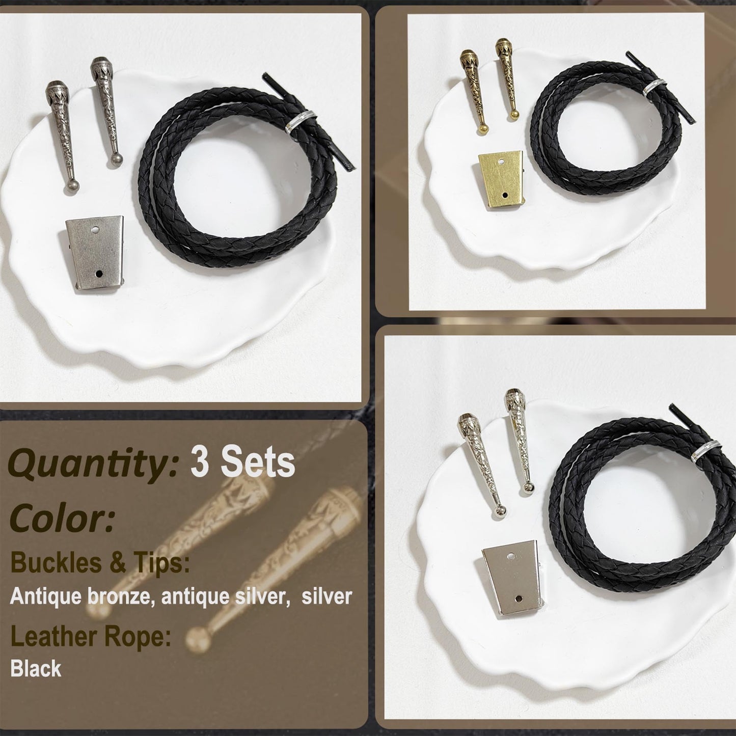 VTOS 3 Sets Bolo Tie Findings Kits with Iron Slide Clasp Buckle, Alloy Replacement End Tips, and Braided Necktie Leather Cord for Men Women