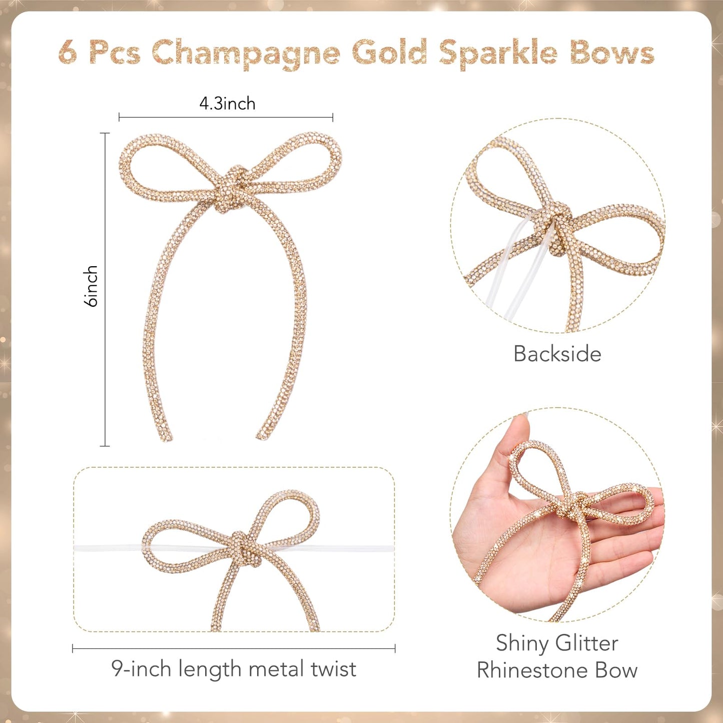 FLAIR GIFTS 6 Pcs 2026 Christmas Bows Ornaments, Champagne Gold Sparkly Glitter Rhinestone Bow Ornaments with Twist Tie for Xmas Tree Decoration, Wreath, Garland, Gift Wrapping