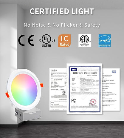Smart LED Recessed Lighting 6 Inch, IC Rated & ETL Certified Recessed Ceiling Light, RGB & Cool & Warm White Dimmable Color Changing Downlight Work with Alexa/Google, Sync to Music, 1200Lumen,6 Pack