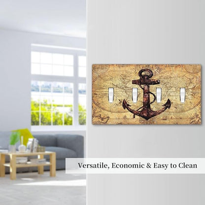 Anchor Nautical Vintage Map 4 Gang Decorative light switch plate Quad Toggle Wall Plate Covers Switchplate Electrical Faceplate for Office Livingroom Home Decor
