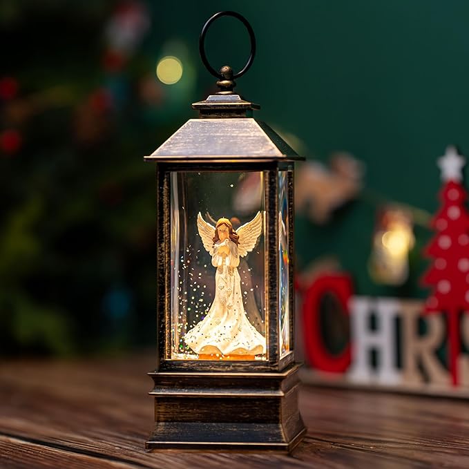 Christmas Snow Globe Lantern Water Glittering Angel with Dove, USB Lined/Battery Operated Lighted Lantern for Christmas Festival Decoration Gifts
