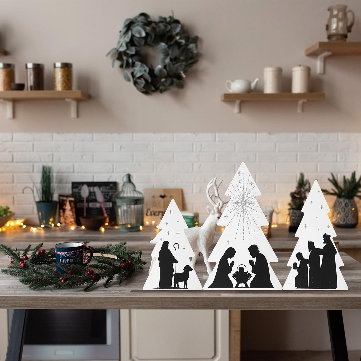 Chunful 3 Pcs Jesus Nativity Wooden Decor Black White Wood Centerpiece Christmas Table Sign Rustic Wood Tree Nativity Scene for Christmas Home Tabletop Mantel Fireplace Party Decoration