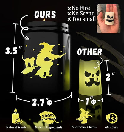Halloween Decor Indoor-Halloween Gifts Candles for Women with LED Witch, Fall Candles with Apple Cinnamon Scent Over 40 Hours of Burn Time, Gift for Home Fall Decorations Indoor, 100% Soy Wax