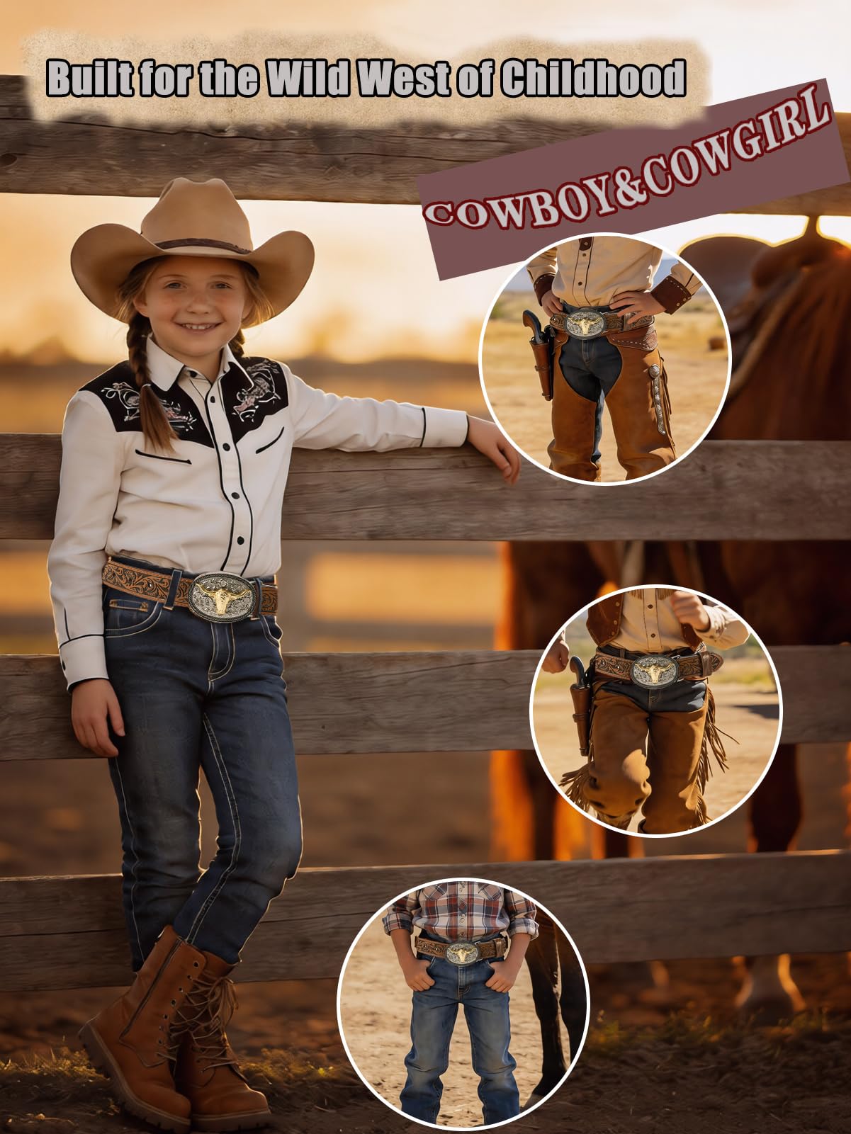 Kids Boys Western Belt Cowboy Leather Belt-Girls Adjustable Embossed Leather Belt Strap for Jeans Gift (Brown, 37.5" fit waist 31"-34.5")