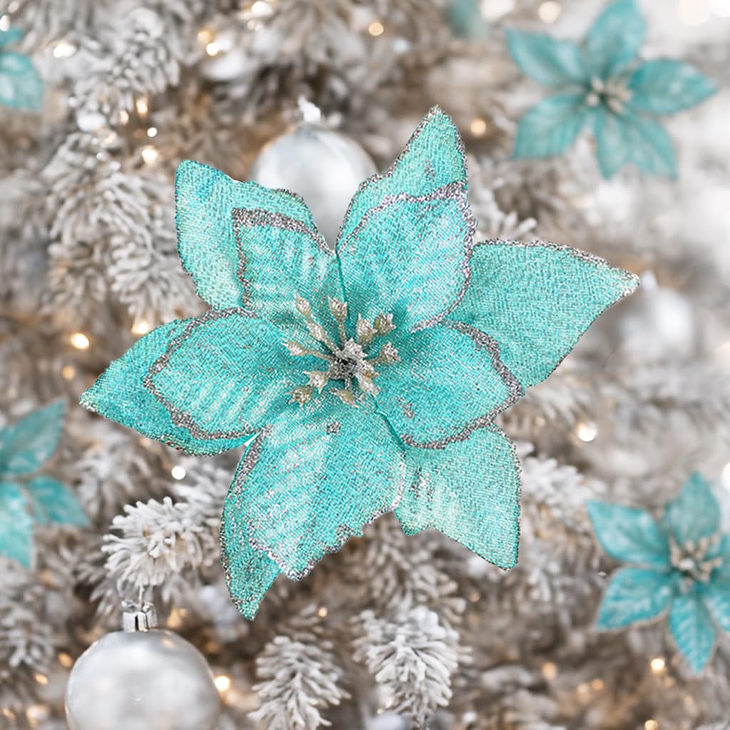 KEPATO Christmas Poinsettia Ornaments Ice Blue, 12 Pcs 6" Artificial Flowers, Glitter Teal Blue Christmas Tree Decorations for Winter Wonderland Theme