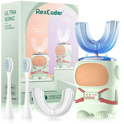 RexCodar Ultrasonic Kid's U-Shaped Electric Toothbrush, IPX7 Waterproof, Five Cleaning Modes, 60S Smart Reminder (Blue Ages 6-12)