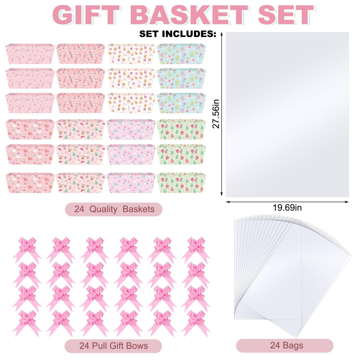Cholemy 72 Pcs Christmas Gift Baskets Empty to Fill Kit DIY Basket for Gifts Empty Bulk 24 Tray Favor with Handles 24 Bows 24 Clear Basket Bags for Xmas Holiday Birthday (Candy Style)