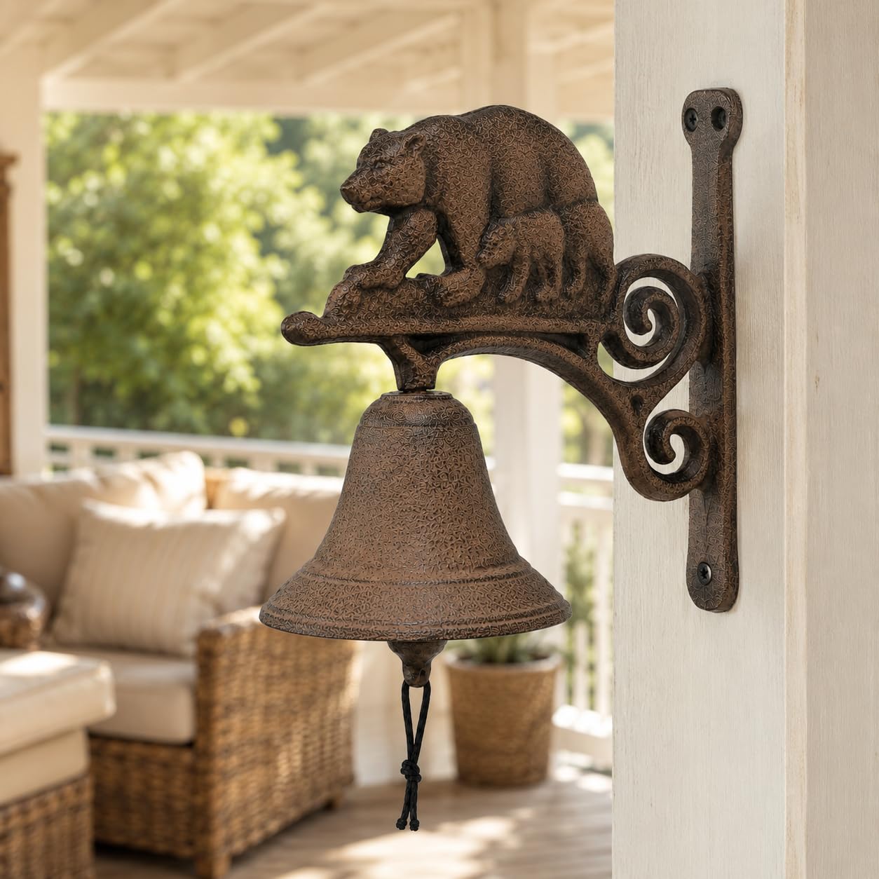 Comfy Hour 7.8" Heavy Duty Cast Iron Bear Dinner Bell, Loud Resonant Wall Mounted Outdoor Doorbell for Farmhouse, Garden & Cabin, Decorative Wildlife Metal Bell for Porch, Antique Black Finish