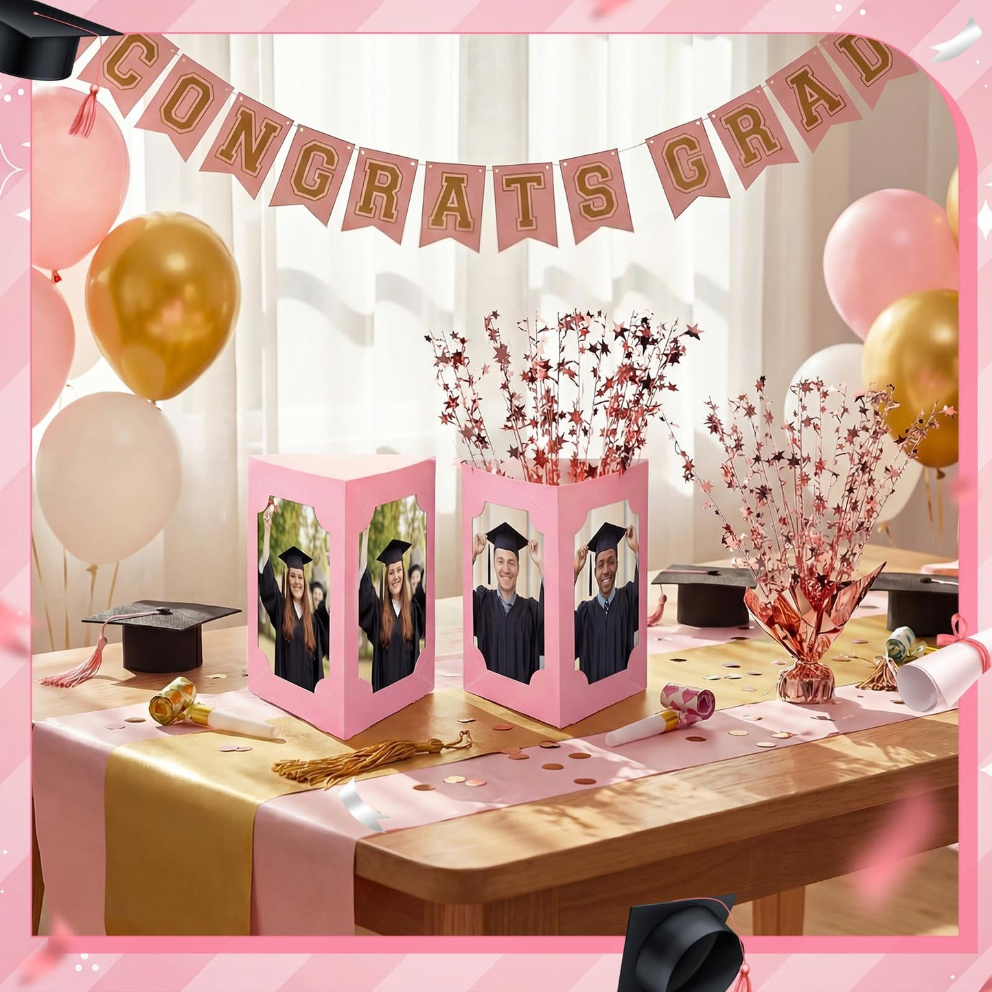 Yinder 16 Pcs 2026 Graduation Centerpieces Decoration Rose Gold and Pink 6/7 Inch Photo Display Frames Box Glitter Metallic Foil Spray Star Tabletop Decor for Class of 2026 Grad Party Decorations
