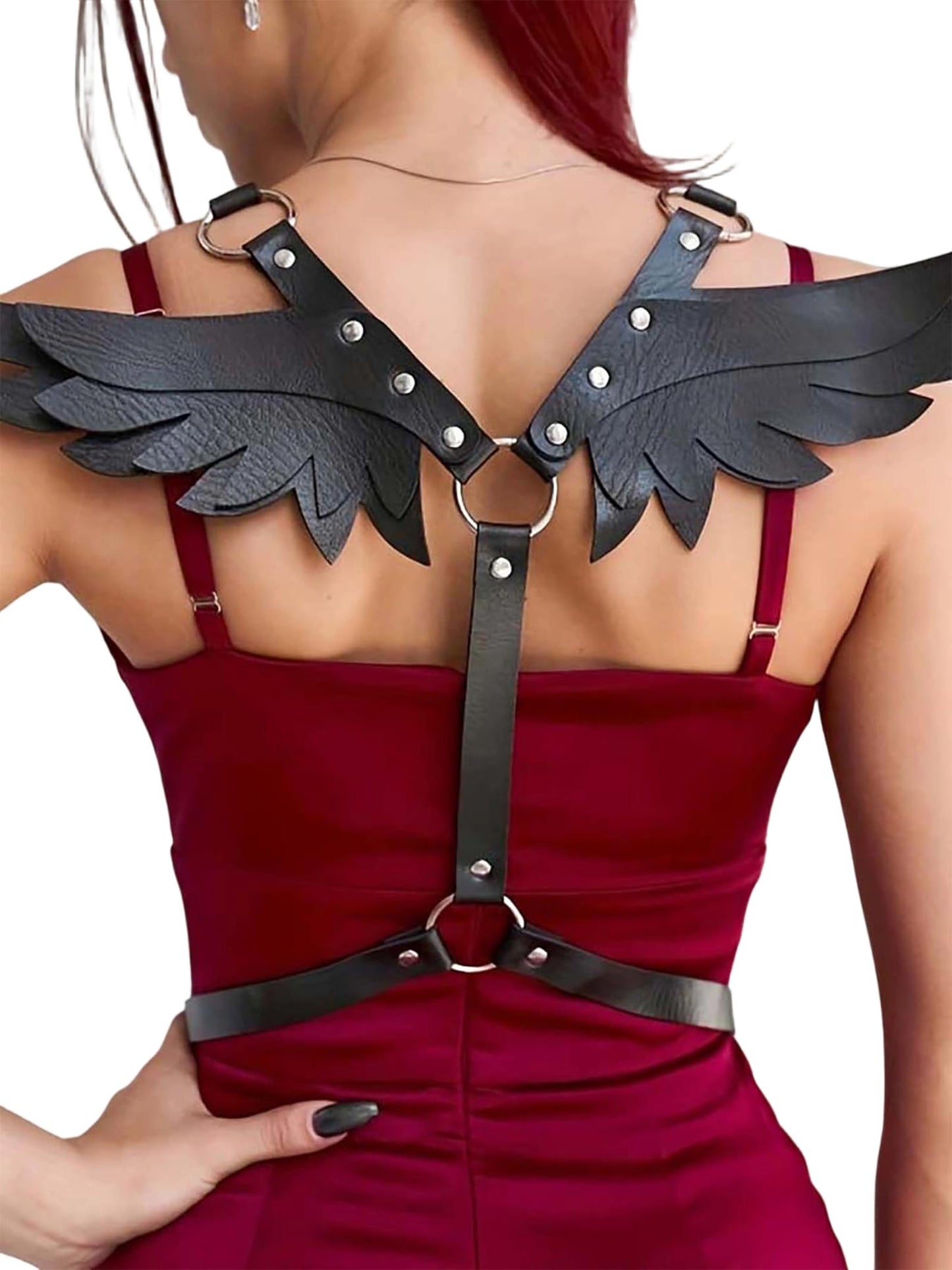 Women Adjustable Faux Leather Fashion Harness with Wing Detail, Punk Gothic Back Harness Accessory for Dresses Tops(Waist 26.4-39.4in) Black