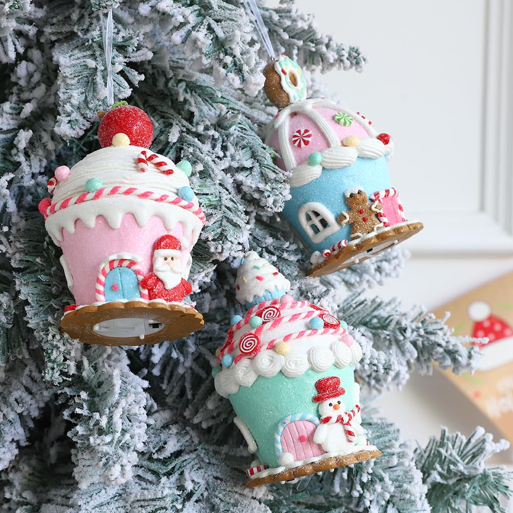 3Pcs Macaron Gingerbread House Ornaments for Christmas Tree, Lighted LED Clay Candy House Hanging Ornaments with Rope for Xmas Holiday Party New Year Home Decor