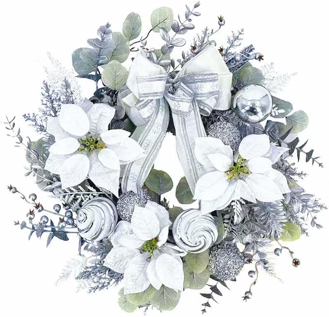 22 inch Christmas Wreath for Front Door, Lifelike Artificial Silver White Christmas Wreath, Green Fake Wreath Used for Wall, Window, Porch, Farmhouse, Indoor and Outdoor Home Decoration