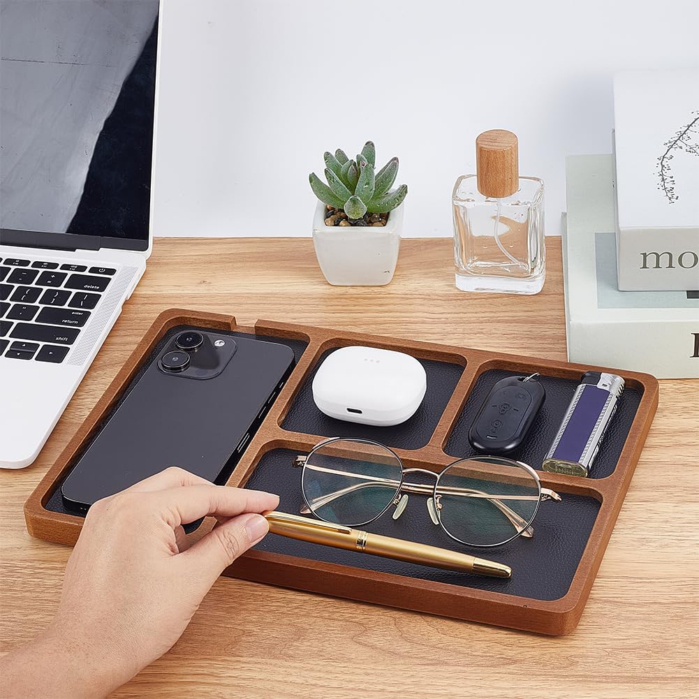 HOBBIESAY Wooden Valet Tray with PU Leather Inlay Wood Storage Organizer Tray with 4 Compartment Nightstand Desktop Storage Organizer for Phone Earbud Key Jewelry Table Organizers