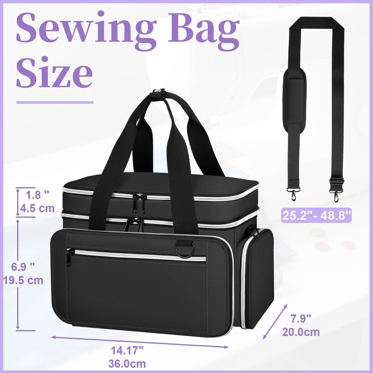 Anitor Large Sewing Supplies Organizer, Double Layer Sewing Storage Organizer with Two Detachable Dividers, Travel Sewing Bag Organizer with Shoulder Strap for Accessories, Black, (Bag Only)