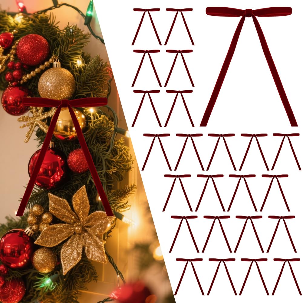26 Pcs Velvet Christmas Tree Bows Ornaments, 5x7 Inch, 3/8" Wide, Craft Ribbon Bows for Garland Wreath Indoor Outdoor Xmas Decorations, Burgundy