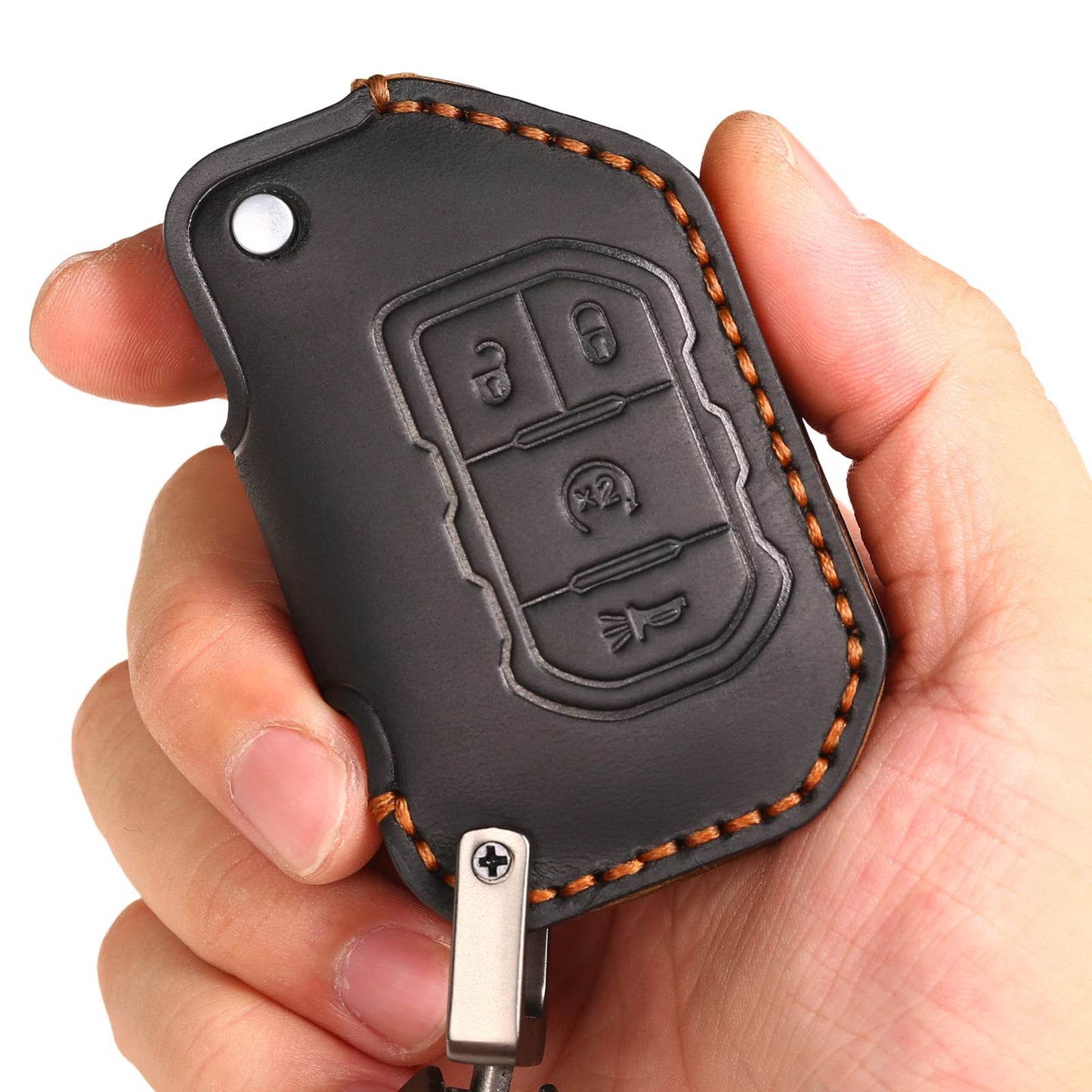 EASYANT Handmade Leather Car Key Fob Cover Compatible with Jeep 2018-2024 Wrangler Gladiator Sahara Rubicon 4 Buttons Black