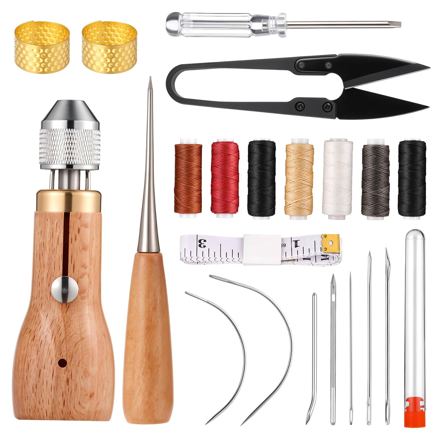 24pcs Leather Sewing Awl Needles Kit Professional Portable Leather Stitching Tool with Straight Curved Needles Waxed Threads Screwdriver Scissors Tape Measure for Furniture Repair