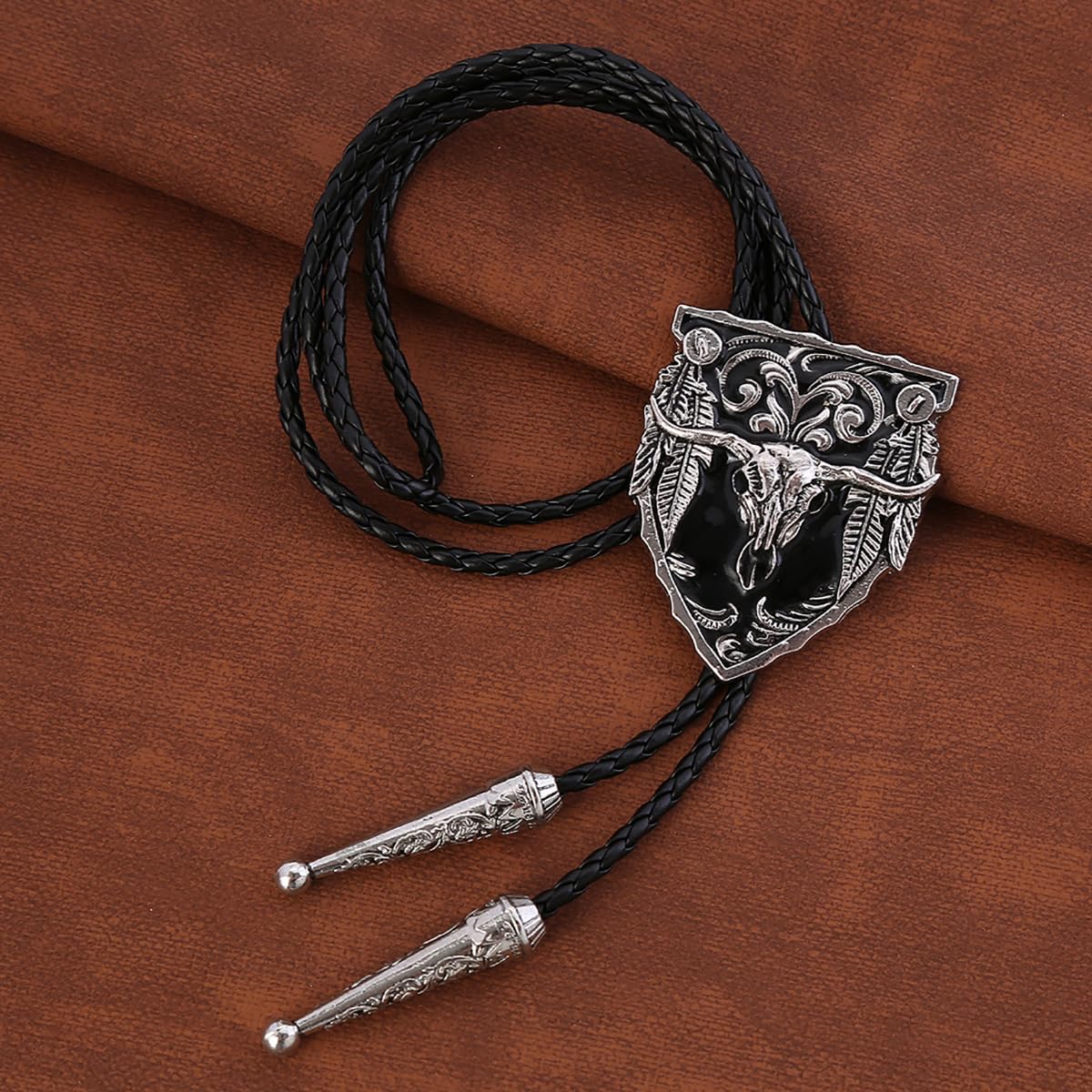 Popeoiuh Vintage Bolo Tie for Men Women Western Cowboy Leather Necktie Handmade Bolotie Cowboy Bull Head Shield Shape Bola Tie