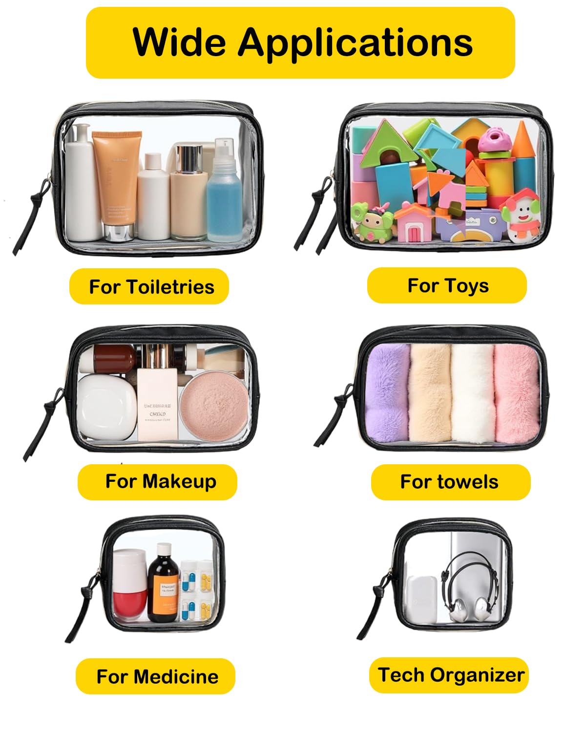 3Pcs Travel Clear Makeup Bag Set for Women, Transparent Toiletry Bag with Zipper Portable Makeup Pouch Organizer Waterproof Small Cosmetic Bag Compact Car Bag Organizer Car Accessories (Black Set)