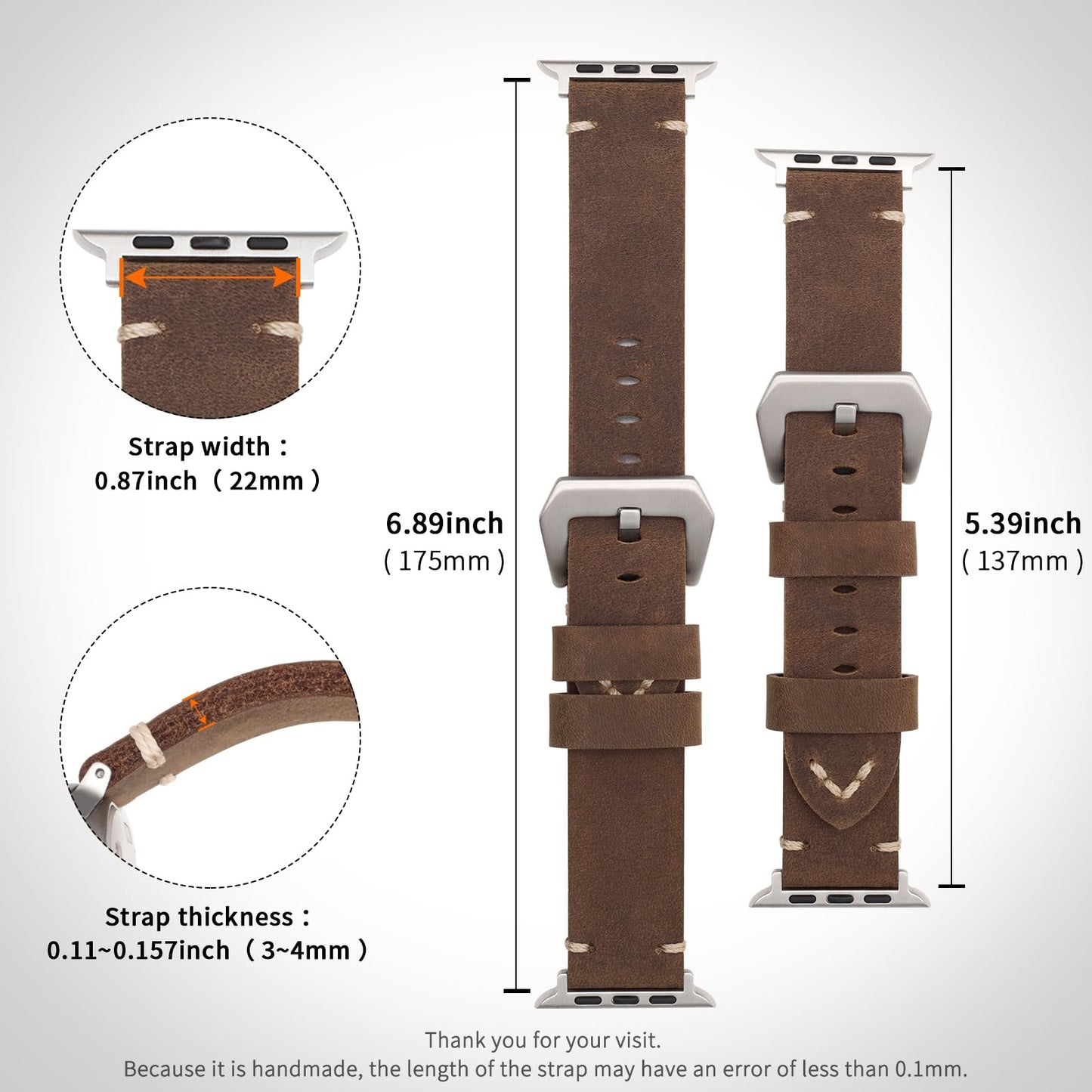 Handmade Double Sided Leather Bands Compatible with Apple Watch Ultra 2/Ultra Band 49mm 46mm 45mm 44mm 42mm ，Men Retro Design Grain Genuine Leather Band For iWatch Series SE 10 9 8 7 6 5 4 3 2 1