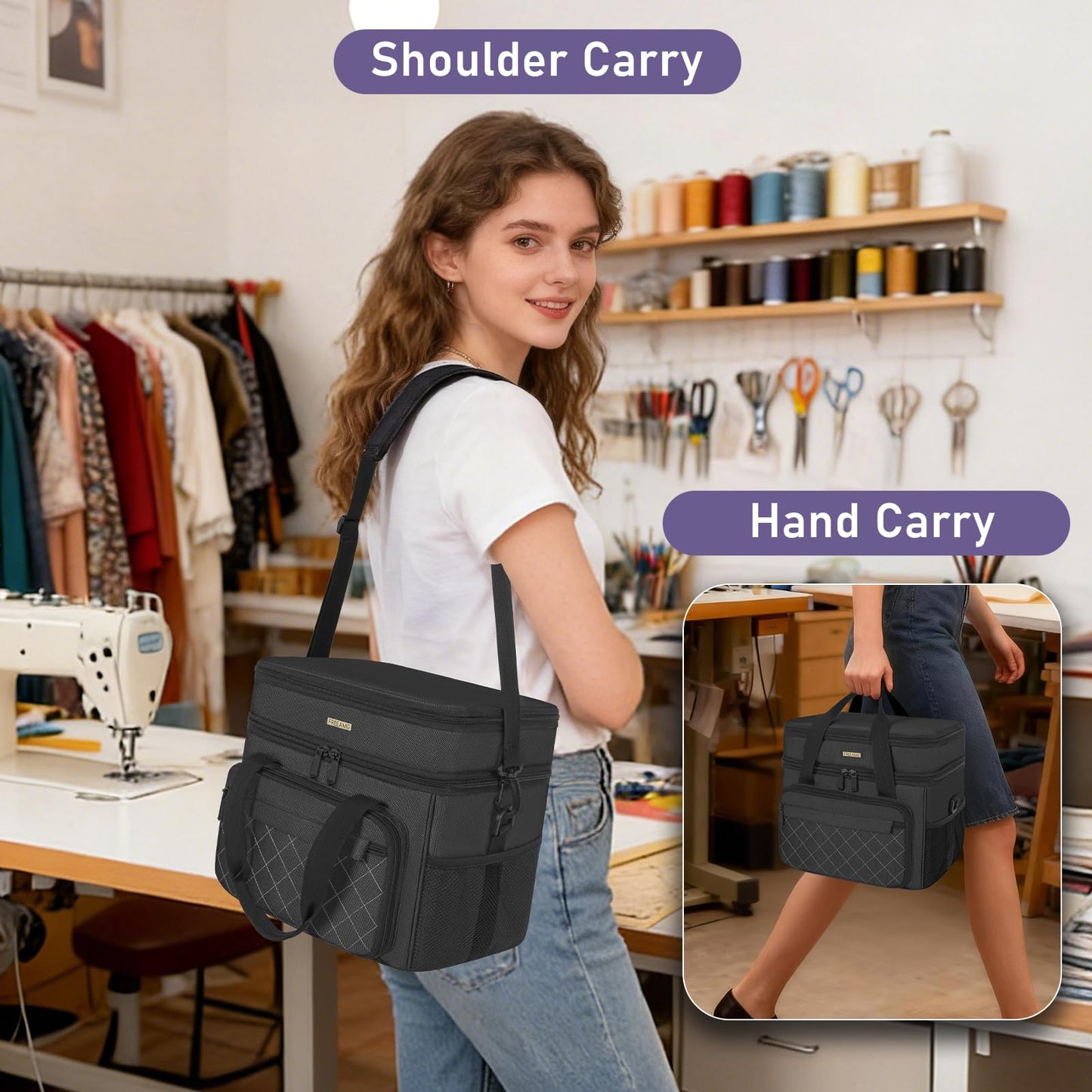 FREEAMG Double Layer Sewing Storage Bag, Large Capacity Sewing Accessories Organizer Travel Sewing Case with Shoulder Strap & Clear Organizer Box (No Tools Included)