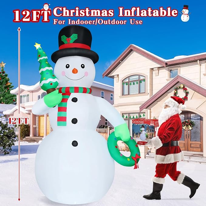 GOOSH 12 FT Christmas Inflatable Snowman Outdoor Decoration Blow Up Yard Giant Cute Snowman with Christmas Tree & Wreath Built-in LEDs for Indoor Party Xmas Garden Lawn Decor