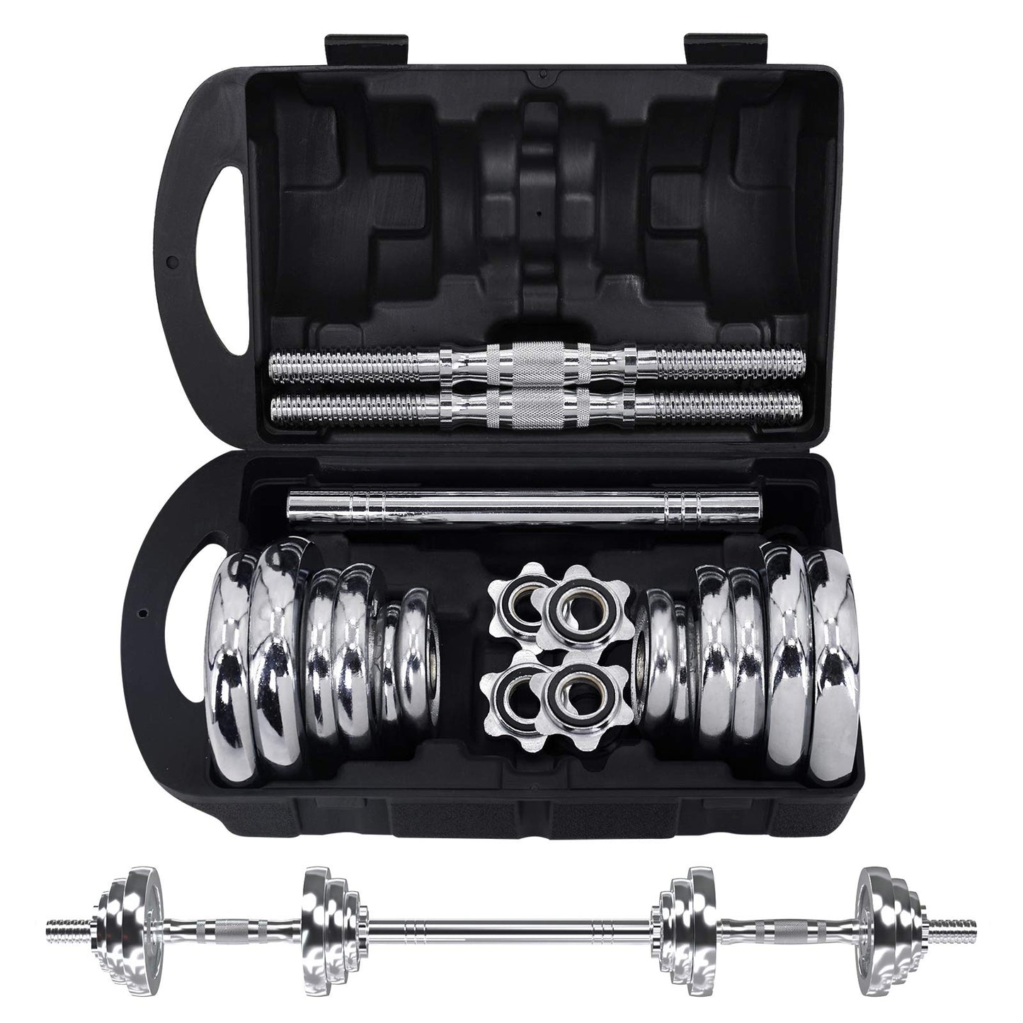 VIVITORY Fitness Dumbbells Set, Adjustable Weight Sets up to 11/22/44/66/110 lbs, with Metal Connecting Rod Used As Barbell, Chromed Weights, Hardcover Gift Box, Home Gym Work Out Training Equipment