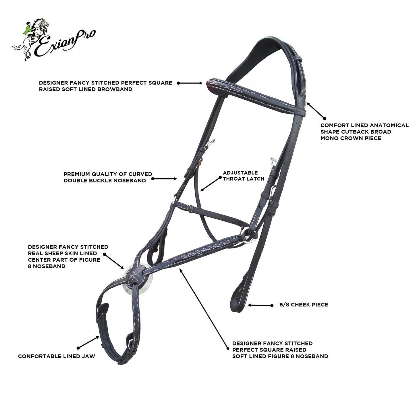 Exion Comfort Lined Anatomic Shape Mono Crown Piece Designer Fancy Stitched Perfect Square Raised Double Buckle Adjustable Figure 8 Noseband Jumping Bridle with Rubber Reins | Royal English Bridle