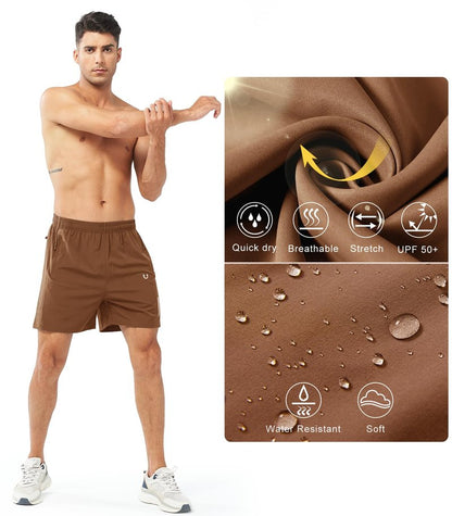 NORTHYARD Men's Athletic Running Shorts Gym Workout 7"/9"/5" Quick Dry Lightweight Sports Basketball Tennis 3 Zipper Pockets BROWN-5inch S