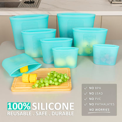 Reusable Food Bags, 12 Pack 100% Silicone Food Storage Bags Stand Up Zip Lock Container, Freezer Microwave Oven Dishwasher Safe, 4 Medium 4 Small 4 Extra Small, Aqua