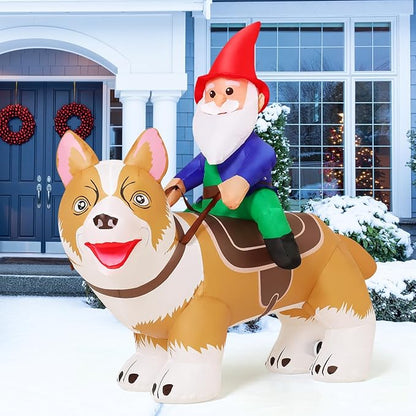 COMIN 5.5 FT Christmas Decorations Outdoor Inflatables Gnomes Ride Corgi Dog Blow Ups with Built-in LEDs for Yard Party Lawn Decor