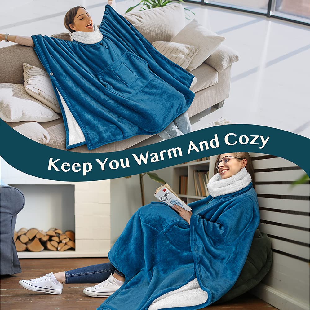 PAVILIA Sherpa Wearable Blanket Poncho for Women Men, Oversized Hoodie Sweatshirt Poncho Blanket, Hooded Sweater Wrap Cape Neck Warmer, Fleece Soft Hug Sleep Pod Adult, Cozy Warm Gift Ideas, Teal Blue