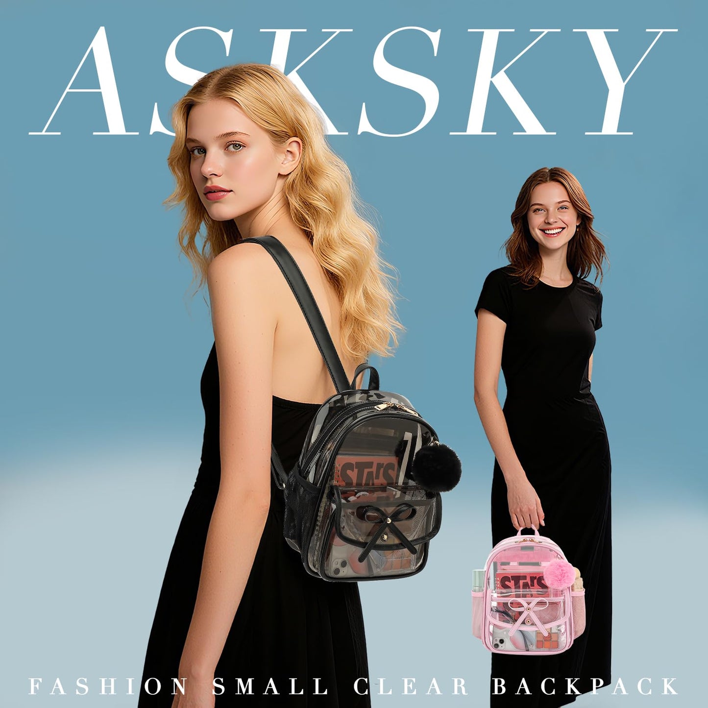 ASKSKY Clear Backpack for Stadium Events 12x12x6, Thick PVC Small Clear Bag with Leather Trim Fashion Women Backpack for Concerts, Sports, Festivals, Work, Travel-Black