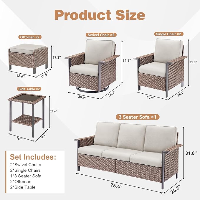 Outdoor Patio Furniture Set Swivel Chairs-9 Pieces All-Weather Wicker 3 Seater Sofa with 2 Ottomans Rattan Side Table, Wicker Sofa Outdoor Furniture for Porch Deck Backyard Brown/Beige