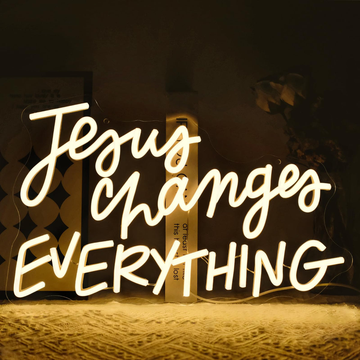 Virlusy Jesus Changes Everything Neon Sign for Wall Decor Dimmable White Christian Neon Signs Letters Led Neon Lights Signs LED Signs for Church Bedroom Home Party Decoration Christams Easter Gifts