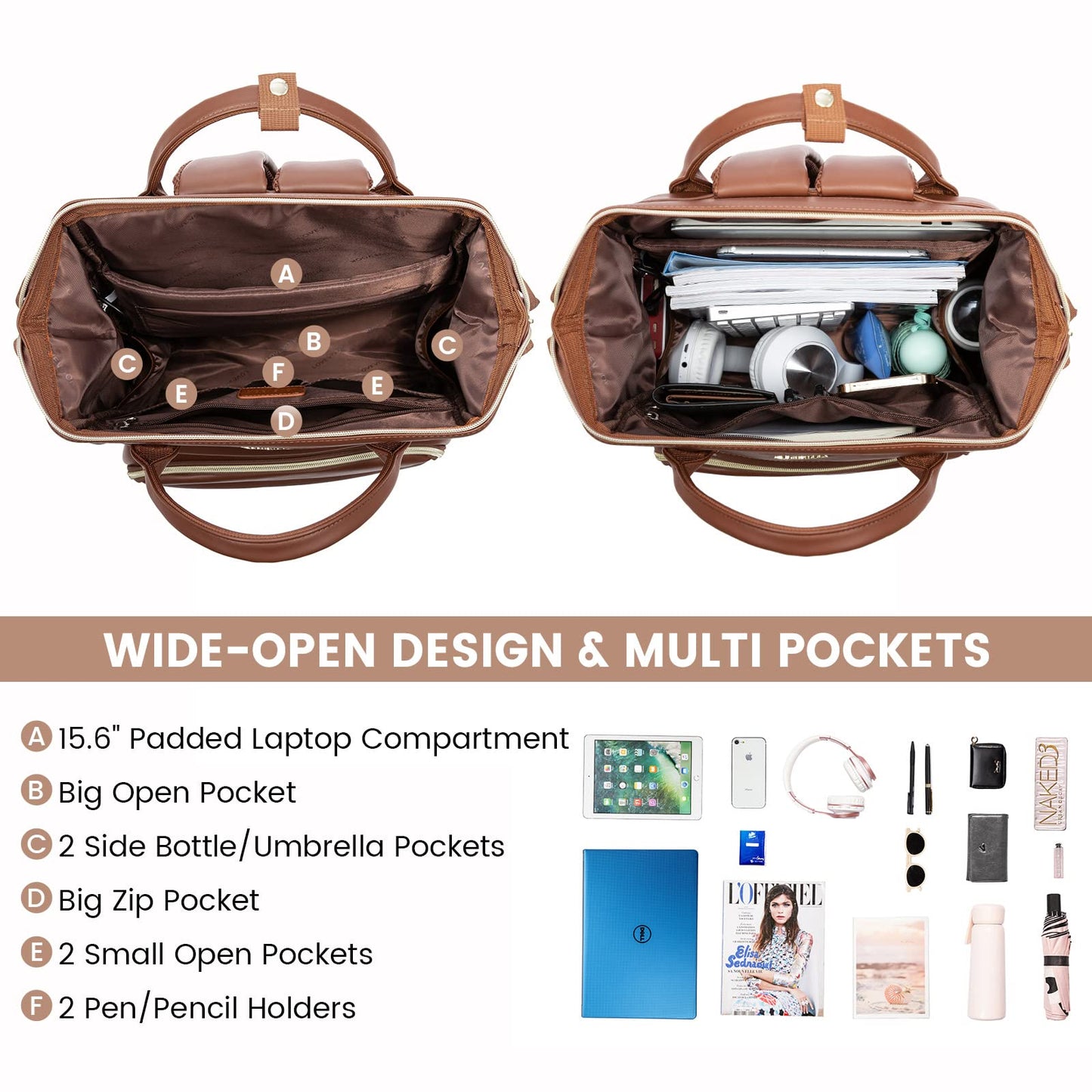 LOVEVOOK Leather Laptop Backpack for Women 15.6 inch,Travel Purse Nurse Teacher Carry On Backpack Computer Bag,Professional College Business Work Bags with USB Port,Brown