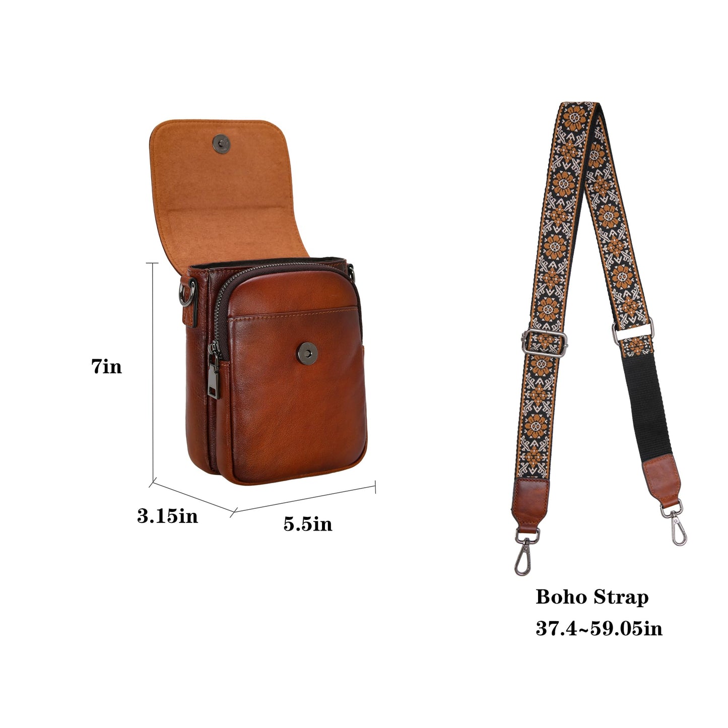 HESHE Leather Small Crossbody Bags for Women RFID Blocking Cell Phone Purse Anti-Theft Travel Bag with wide Straps (Brown)
