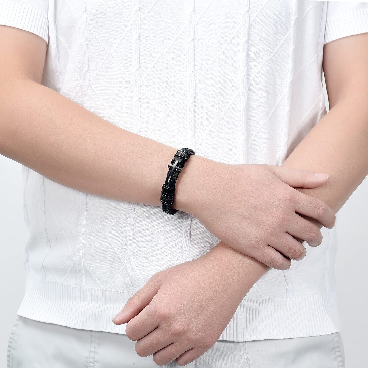 Minicremation Cross Cremation Jewelry Urn Bracelet for Ashes Genuine Leather for Women Men Keepsake Memorial Cuff Bangle Braided Wristband Bracelet for Men (Black-A, 18cm/7.08")