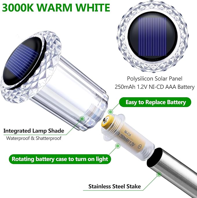 DenicMic Solar Lights Outdoor 10 Pack Waterproof 3000K Warm White LED Acrylic lamp Head Stainless Steel Stake for Landscape Lighting Path Walkway Sidewalk Backyard Patio Christmas Decor