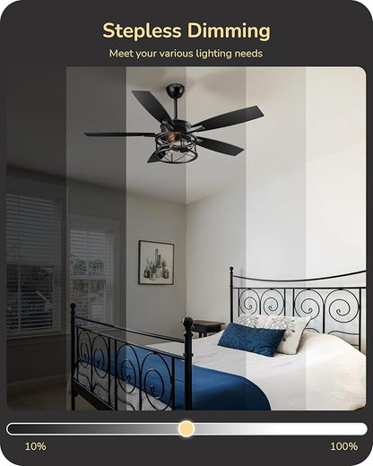 EDISHINE 42“ Black Farmhouse Ceiling Fans with Lights, Remote Control, Dimmable, 6 Speeds, 5 Wood Blades, DC Reversible Motor, Timer, Noiseless, Small Rustic Fan for Bedroom Living Room Kids Room