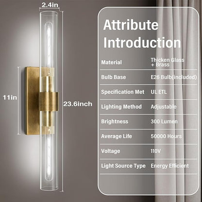 Brass and Glass Wall Sconces, 22.8" Vanity Lights for Bathroom 2 Lights, Horizontal or Vertical Linear Gold Wall Lamp, Indoor Sconces Wall Lighting, Tube Sconce for Living Room, Hallway