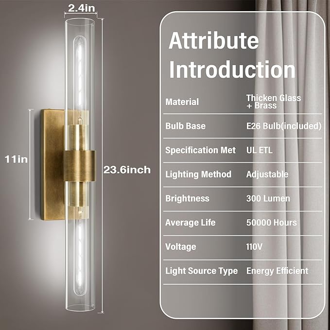 Brass Wall Sconces, 22.8" Bathroom Light Fixtures, Gold Wall Sconces Set of 2, 2-Light Dimmable Wall Sconce with Glass, Modern Vanity Light Up and Down Wall Lighting for Living Room Hallway