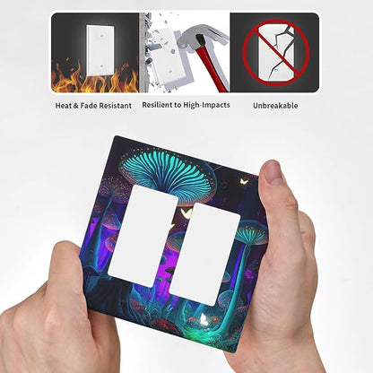 Fantasy Mushroom Forest Glowing Butterfly Double Rocker Light Switch Cover 2 Gang Wall Plate Covers Decorative Electrical GFCI Outlet Plates for Home Bathroom Kitchen Decor