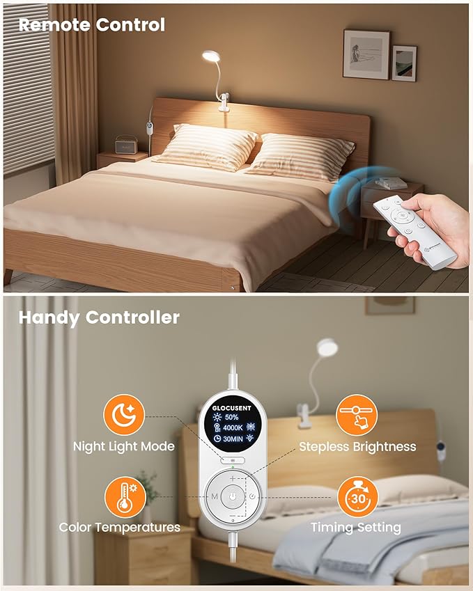 Glocusent 72 LED Clip on Lamp with Remote, Reading Light with Amer Ring Night Light, 3 Colors & 5 Dimmable Desk Lamp with Clamp, Auto-Off Timer for Night Reading, Bed Light for Headboard/Dorm/Bunk