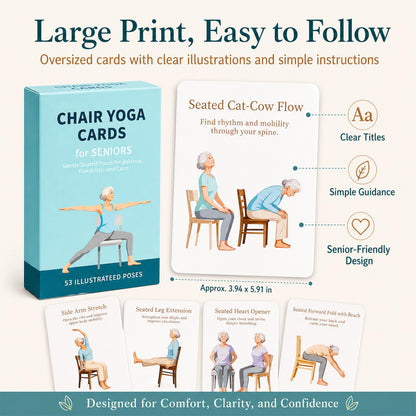 HuanRanYo Oversized Chair Yoga Cards for Seniors, 53 Seated Yoga & Stretch Poses, Large-Print Step-by-Step Exercise Deck with Storage Box, Low-Impact Mobility & Flexibility Workouts for Older Adults