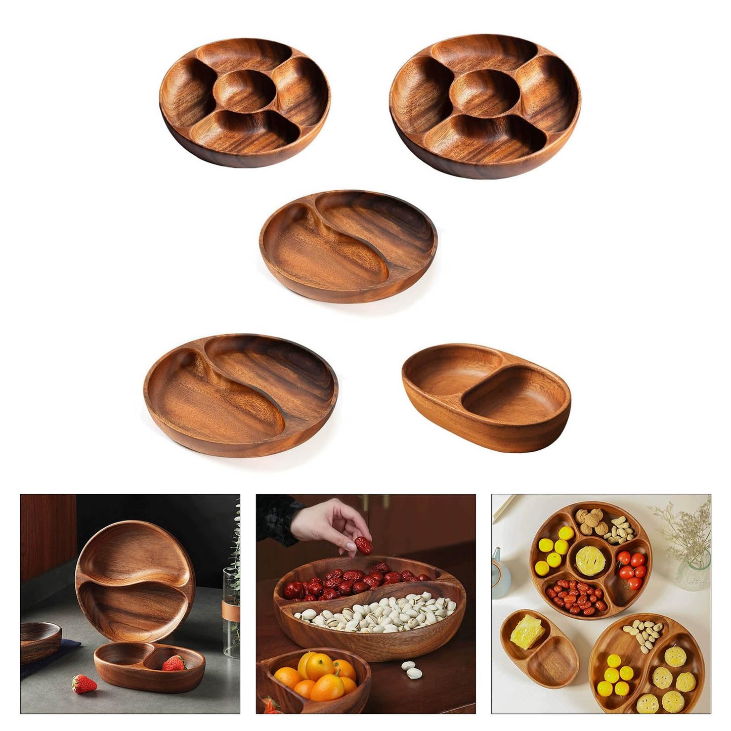 Wood Divided Servings Tray Dinner Platters Round Candy Tray Fruit Plate For Party Dishes Snacks Dried Fruit Easy To Use