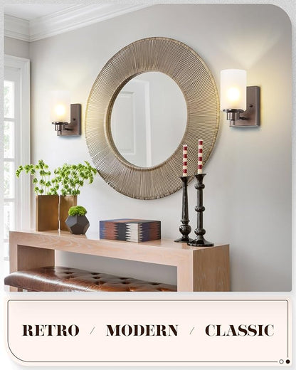 2 Pack Wall Sconces Bathroom Lights, Indoor Bath Vanity Light Fixtures for Living Room Porch Bedside, Oil Rubbed Bronze with White Frosted Glass Shades Wall Mounted Lights, Twin