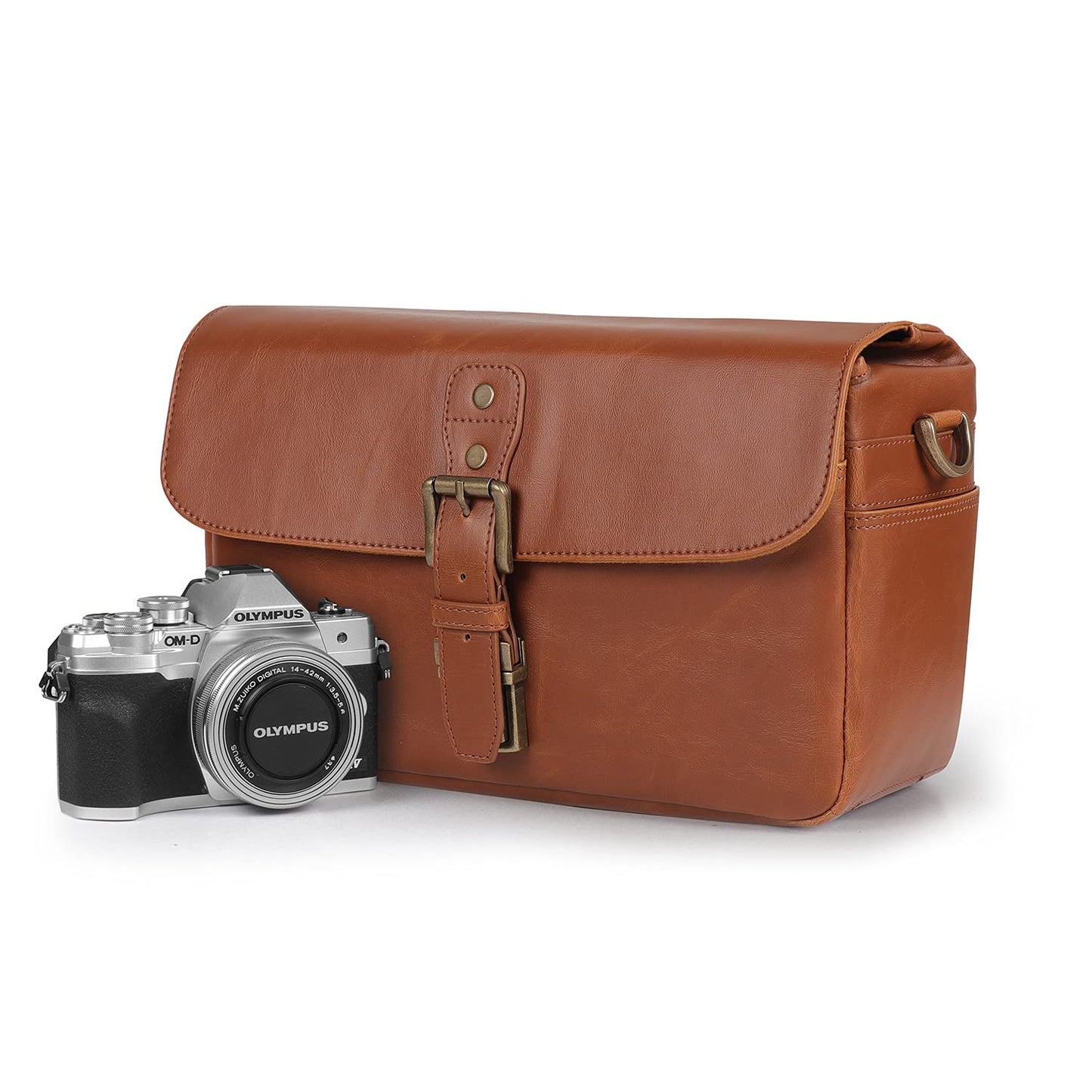 MegaGear MG1525 Leather Camera Messenger Bag for Mirrorless, Instant and DSLR Cameras - Light Brown, Compact,LightBrown