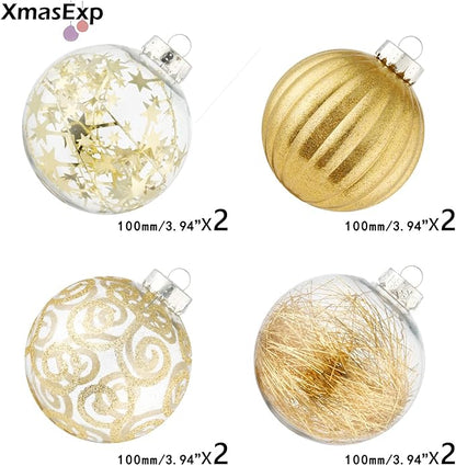 XmasExp 8ct Christmas Ball Ornaments Set -Large Clear Plastic Shatterproof Xmas Tree Ball Hanging Baubles Stuffed Delicate Glittering for Holiday Wedding Xmas Party Decoration (100mm/3.94",Gold)