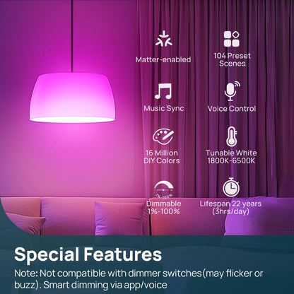 Linkind Matter Smart Light Bulb, Smart Bulbs Work with Apple Home, Siri, Alexa, Google Home, SmartThings, Color Changing Light Bulbs Music Sync RGBTW, Mood Lights, 2.4Ghz WiFi A19 E26 60W 800LM 6 Pack